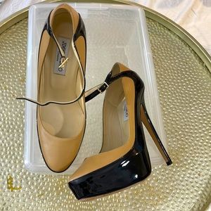 Jimmy Choo Siskin Nude Calf Leather /Black Patent Leather platform heel.